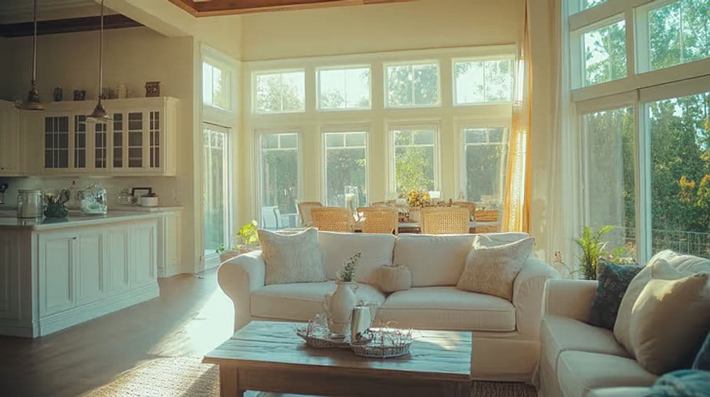 Bright, airy living room with white sofa, wooden coffee table, and large windows overlooking greenery.